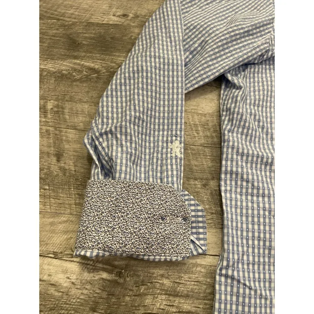 Bugatchi Uomo Dress Shirt Men's‎ Size 17.5 34 Flip Cuff Long Sleeve Blue Lion